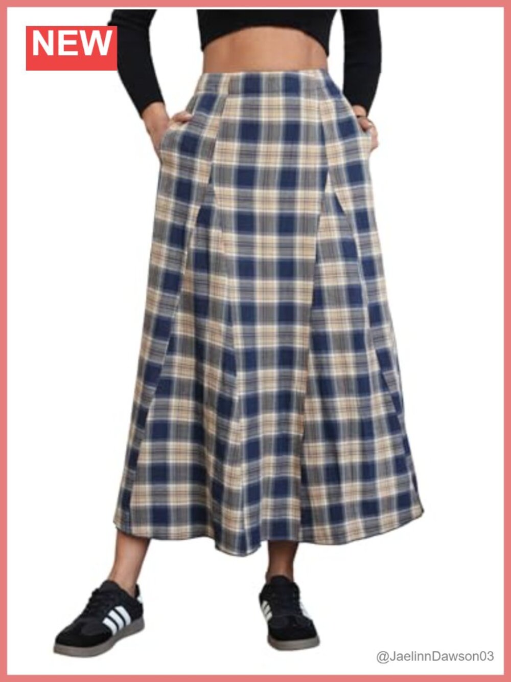 Womens Flannel Plaid High Waist A Line Pleated Maxi Skirt with Pockets